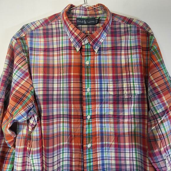 Ralph Lauren Men’s XXL Plaid Shirt Orange Blue Custom Fit Button Down Madras - Picture 6 of 7
